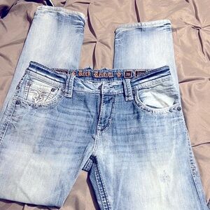 Rock Revival Mens size 36 "Lowry" Straight-Used, Lighter Blue Jeans.